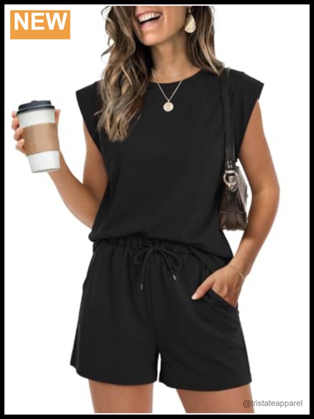 Two Piece Short Set Cap Sleeve Tank Wide Leg Shorts Drawstring Waist Pockets